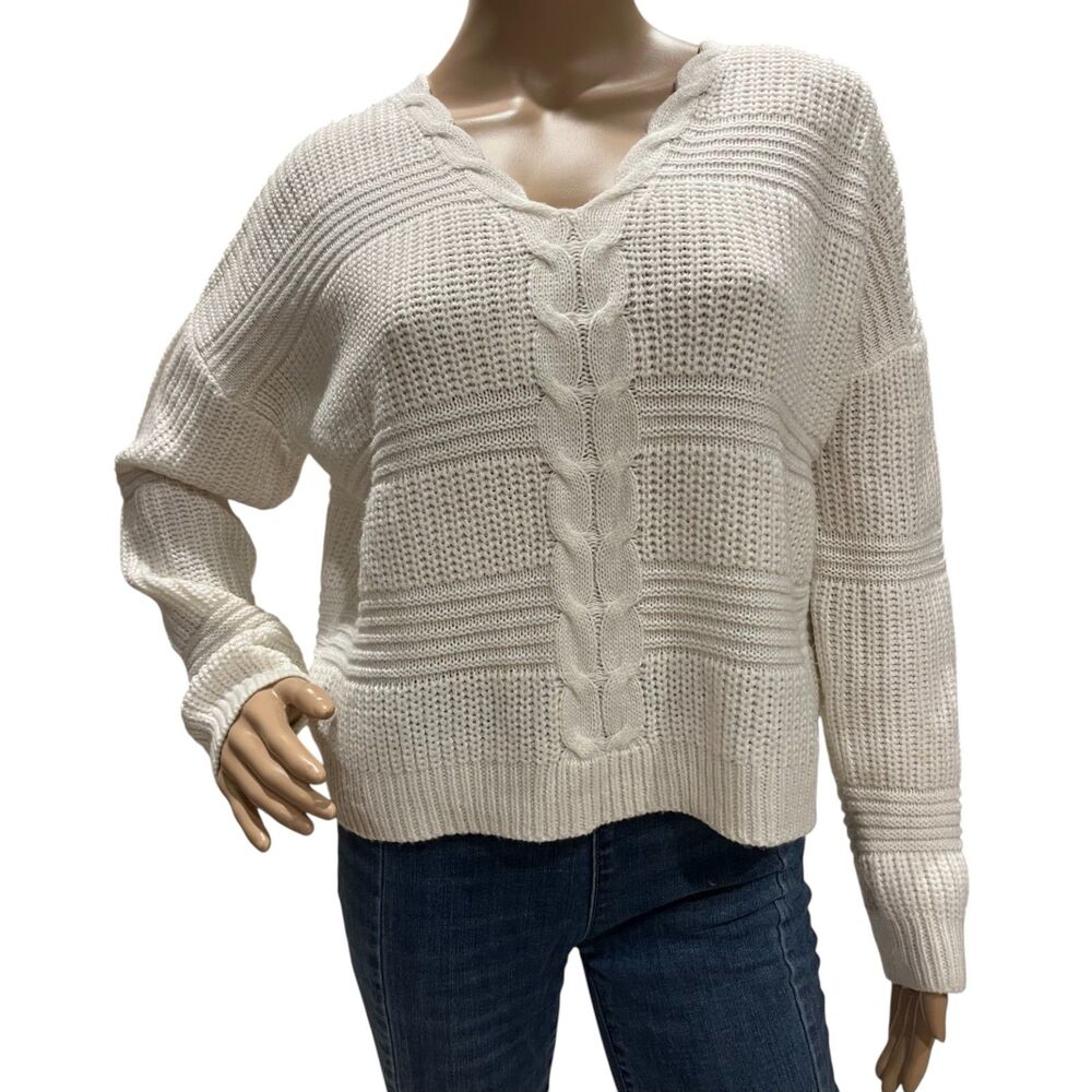FULL CIRCLE TRENDS Cream Cropped Lace Up Pullover Sweater Sz L